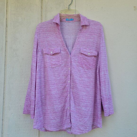 J. McLaughlin Casual Pink & White Striped Linen Spandex Button Down Shirt Sz S - Picture 1 of 4
